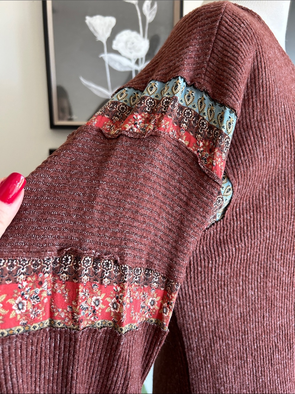 🍁 S baggy boho patchwork brown coral teal V-Neck Long Sleeve Ribbed baggy top